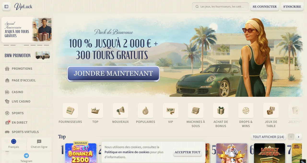 Aperçu du casino VipLuck, file VIP de retrait prioritaire